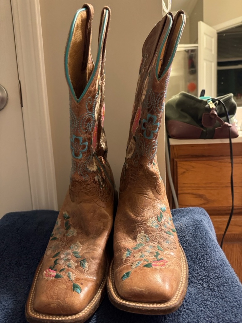 Macie Bean Brown Leather Cowboy Boots with Turquoise & Pink Embroidery